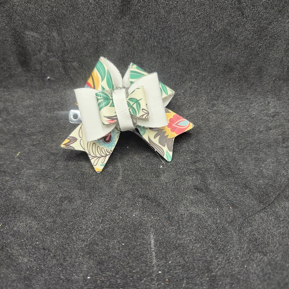 Hand Crafted Floral Patterned Hair Bow Faux Leather Barrette Clip
